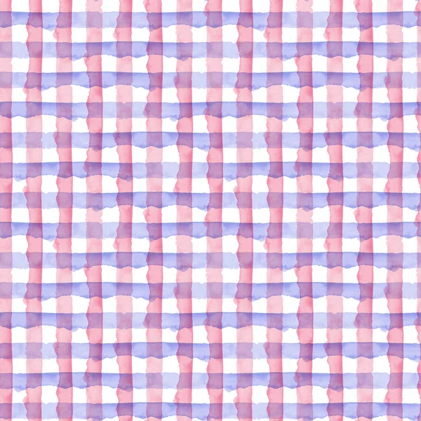 Aquarell Rosa Blau Karo Geometrische nahtlose Muster Hintergrund. Kariert in Aquarellfarbe. Handgemaltes einfaches Design mit Streifen. — Stockfoto