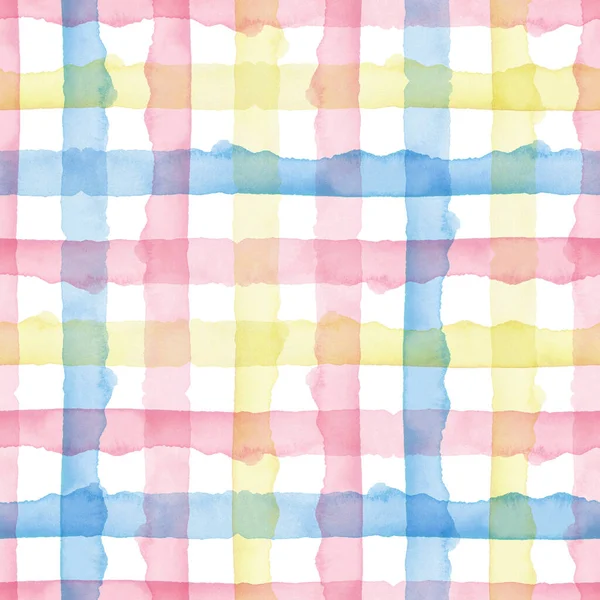 Plaid Watercolor Αφηρημένο κίτρινο ροζ μπλε ρίγες φόντο. Cool Seamless Check Pattern για ύφασμα και χαρτί. Απλή ζωγραφισμένη στο χέρι λωρίδα — Φωτογραφία Αρχείου