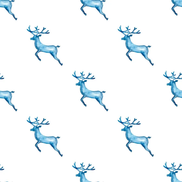 Rénszarvas XMAS akvarell szarvasszarvas eamless minta kék színben. Kézzel festett állat jávorszarvas háttér vagy tapéta dísz, csomagolás vagy karácsonyi ajándék — Stock Fotó