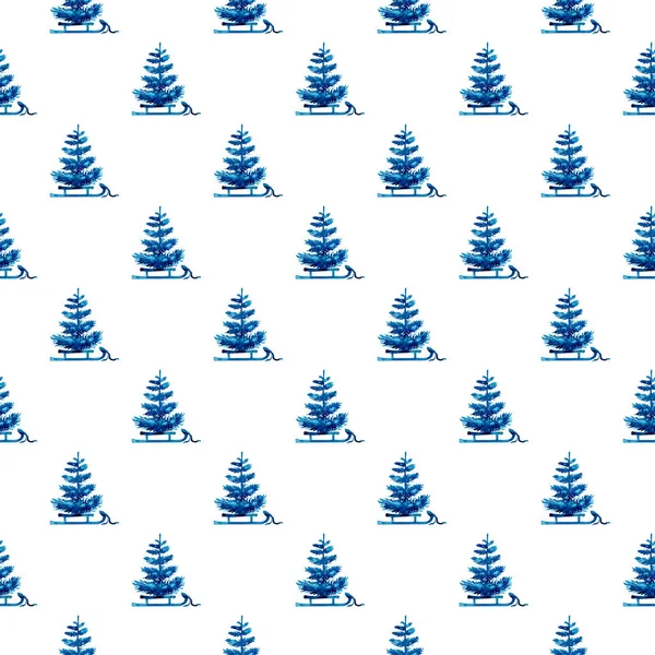 Acquerello XMAS Pino Tree e Sleigh Seamless Pattern in colore blu. Sfondo dell'abete dipinto a mano o carta da parati per ornamento, avvolgimento o regalo di Natale — Foto Stock