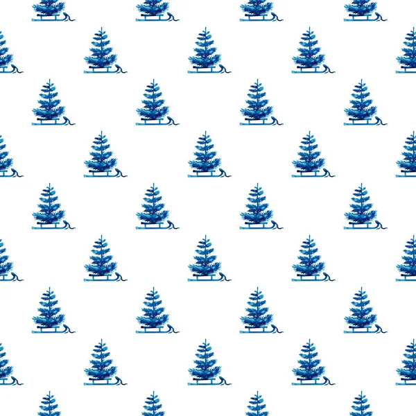 XMAS υδατογραφία Pine Tree and Sleigh Seamless Pattern σε μπλε χρώμα. Χέρι βαμμένο έλατο φόντο ή ταπετσαρία για στολίδι, περιτύλιγμα ή δώρο Χριστουγέννων — Φωτογραφία Αρχείου