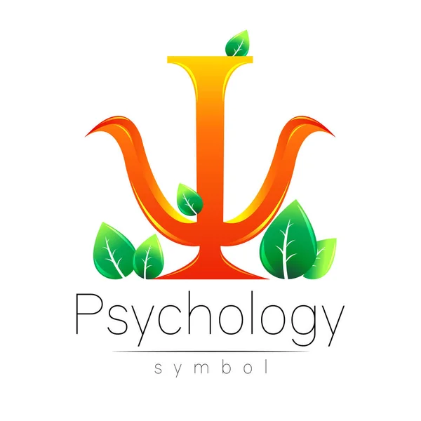 Modern Vector logo van Psychologie Oranje Letter Psi met Bladeren in Creatieve stijl. Logotype in vector. Ontwerp concept. Merkbedrijf. Geïsoleerd op witte achtergrond. — Stockvector