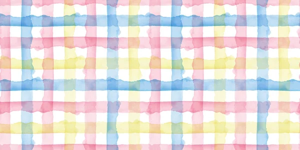 Plaid Watercolor Αφηρημένο κίτρινο ροζ μπλε ρίγες φόντο. Cool Seamless Check Pattern για ύφασμα και χαρτί. Απλή ζωγραφισμένη στο χέρι λωρίδα — Φωτογραφία Αρχείου