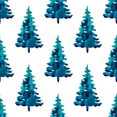 XMAS suluboya Çam Ağacı Mavi Renkli Kusursuz Desen. El boyaması köknar ağacı arkaplanı veya Süs, Paketleme veya Noel Hediyesi için duvar kağıdı