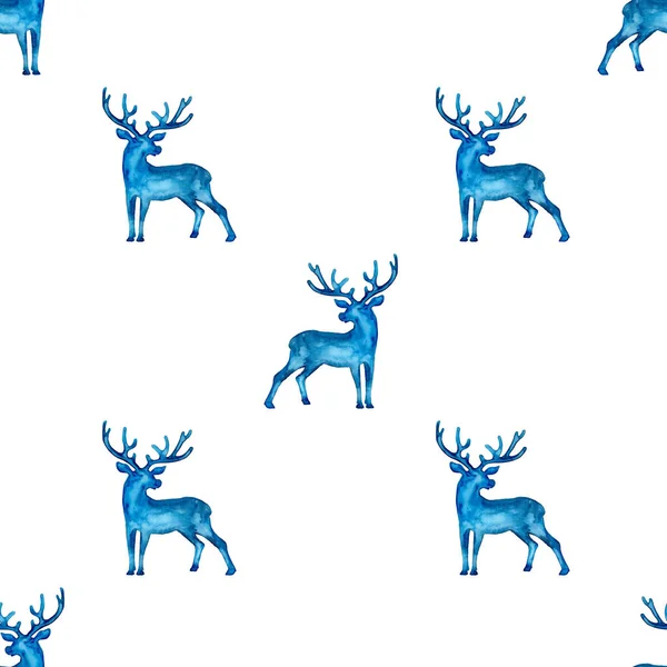 Rentier XMAS Aquarell Hirsch eamless Muster in blauer Farbe. Handgemalte Animal Elch Hintergrund oder Tapete für Ornament, Verpackung oder Weihnachtsgeschenk — Stockfoto