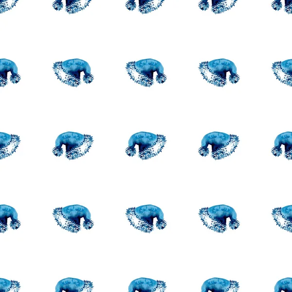 XMAS υδατογραφία Σάντα καπέλο Απρόσκοπτη μοτίβο σε μπλε χρώμα. Χέρι ζωγραφισμένο φόντο κοστούμι Cap ή ταπετσαρία για στολίδι, περιτύλιγμα ή δώρο Χριστουγέννων — Φωτογραφία Αρχείου