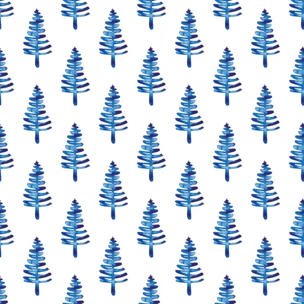 XMAS水彩モミの木青い色のシームレスなパターン。手描きスプルース松の木の背景や装飾、ラップやクリスマスの装飾のための壁紙 — ストック写真