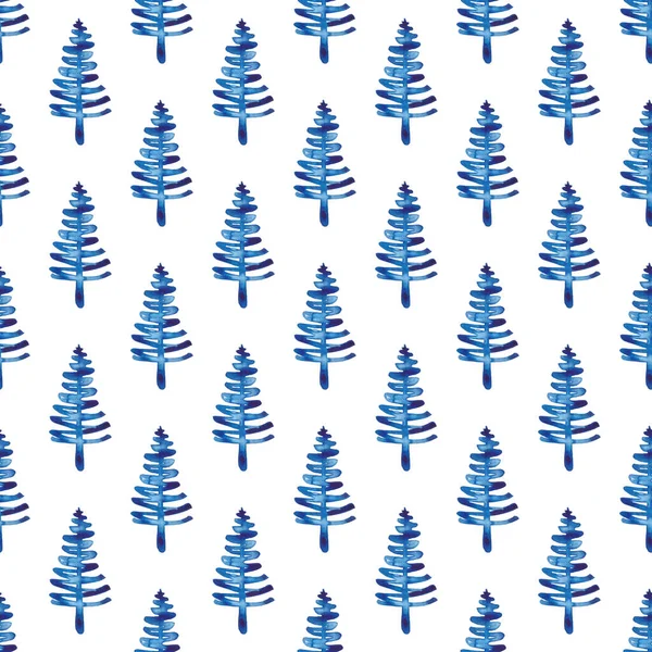 XMAS υδατογραφία Fir Tree Seamless Pattern σε μπλε χρώμα. Χέρι βαμμένο έλατο πεύκο φόντο ή ταπετσαρία για διακόσμηση, περιτύλιγμα ή χριστουγεννιάτικη διακόσμηση — Φωτογραφία Αρχείου