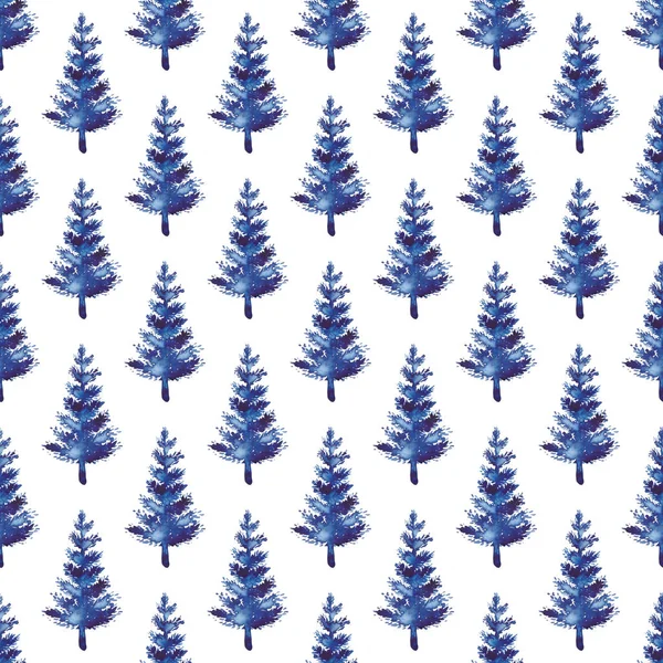 XMAS Aquarell Tanne Nahtloses Muster in blauer Farbe. Handbemalte Fichte Kiefer Hintergrund oder Tapete für Ornament, Verpackung oder Weihnachtsdekoration — Stockfoto
