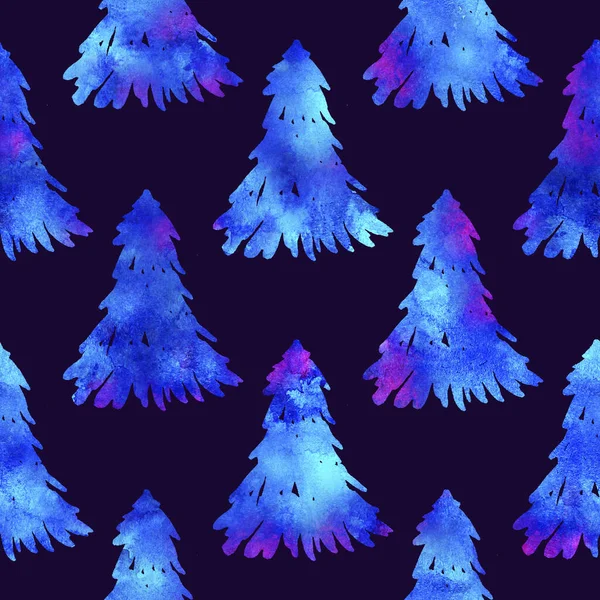 XMAS-Aquarell Tanne Nahtloses Muster in weißer Farbe auf dunkelblauem Hintergrund. Handbemalte Fichtenbaumtapete für Ornament, Verpackung oder Weihnachtsdekoration — Stockfoto