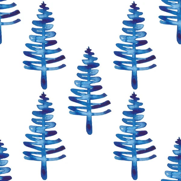 XMAS acuarela árbol de abeto patrón sin costura en color azul. Pino pino pintado a mano fondo o fondo de pantalla para ornamento, envoltura o decoración de Navidad —  Fotos de Stock