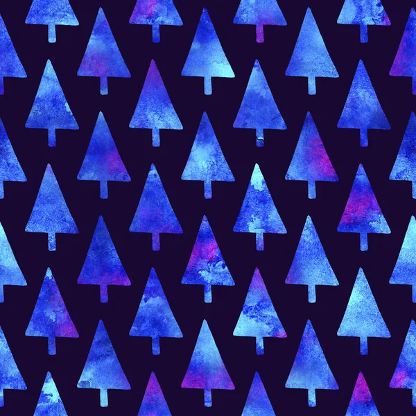 XMAS υδατογραφία Fir Tree Seamless Pattern σε λευκό χρώμα σε σκούρο μπλε φόντο. Χειροποίητη ταπετσαρία από έλατο πεύκου για διακόσμηση, περιτύλιγμα ή χριστουγεννιάτικη διακόσμηση — Φωτογραφία Αρχείου