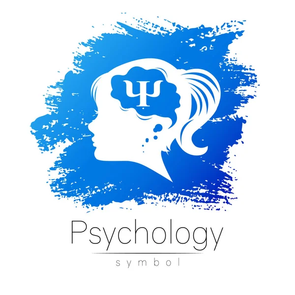 Modernes Logo Kid Girl Kopf und Buchstabe Psi im Gehirn. Logotyp Zeichen der Psychologie. Profil Mensch. Blaue Farbe isoliert auf weiß. Kreativer Stil. Symbol im Vektor. Gestaltungskonzept. — Stockvektor