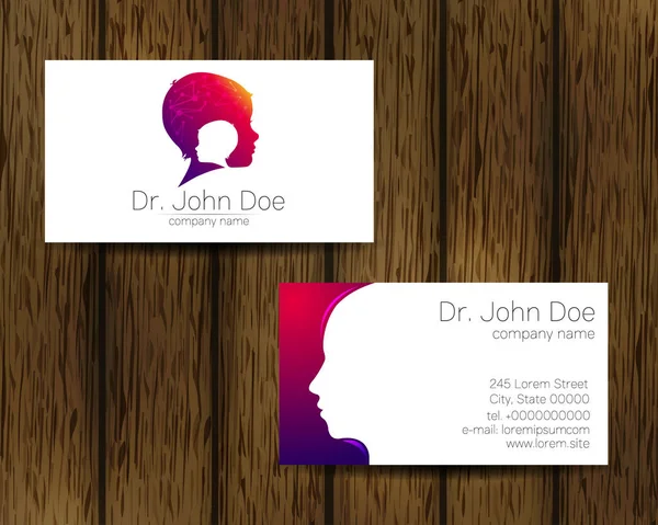 Psychologie Vector Business Card Kid Human Head Logo moderne sur fond d'arbre dans un style créatif. Profil enfant Silhouette Design concept. Entreprise de marque. Vsiting ensemble personnel de cartes de visite — Image vectorielle