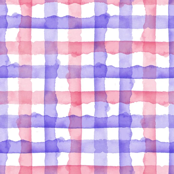 Aquarel Roze Blauw Controleer Geometrische Naadloze Patroon Achtergrond. Ingelegd in aquarelkleur. Hand geschilderd eenvoudig ontwerp met strepen. — Stockfoto