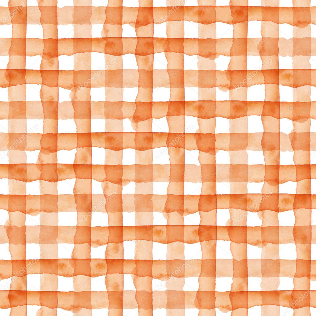 Orange Plaid Abstract Watercolor Geometric Background. Seamless Pattern with Stripes and Check. Handmade Texture for Fabric Design and Paper Wallpaper.