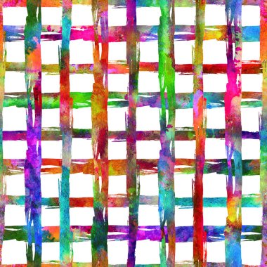 Suluboya Fırça Ekoseli Şekilsiz Grange Denetimi Gökkuşağı Rengi Geometrik Tasarımı. Çocuklar için Modern Strokes Grung Kolajı Kumaş ve Tekstil