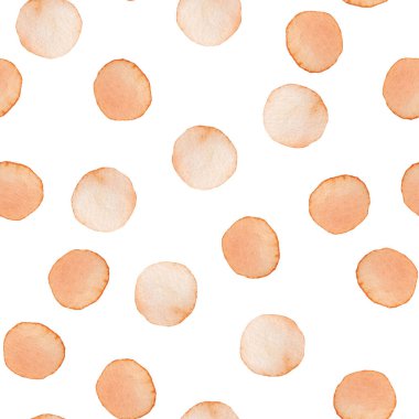 El boyalı fırça, puantiyeli, dikişsiz suluboya deseni. Soyut suluboya yuvarlak daireler turuncu renkli. Kumaş ve Arkaplan için Sanatsal Tasarım