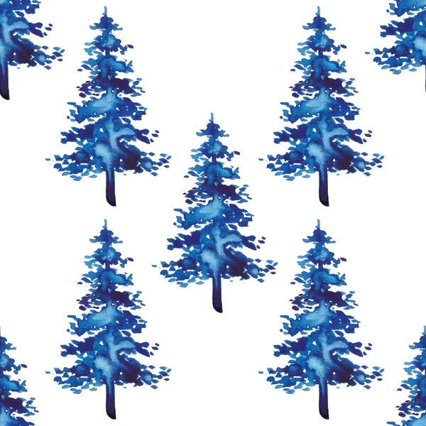 XMAS акварель Fir Tree Seamless Pattern in Blue Color. Hand Painted Spruce Pine ground or the wallpaper for Ornament, Wrapping or Christmas Decoration — стокове фото