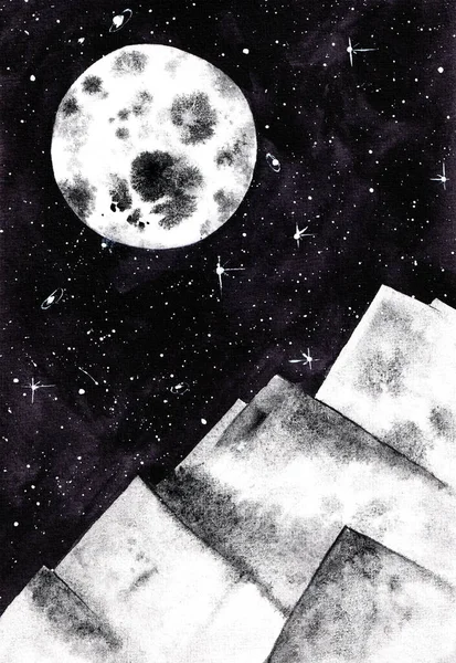 Originele maanbergen aquarel Schilderen op het papier. Artistieke Illustratie in wit en zwart. Night Sky en Stars Artwork. Kan bu gebruikt voor achtergrond en behang print — Stockfoto