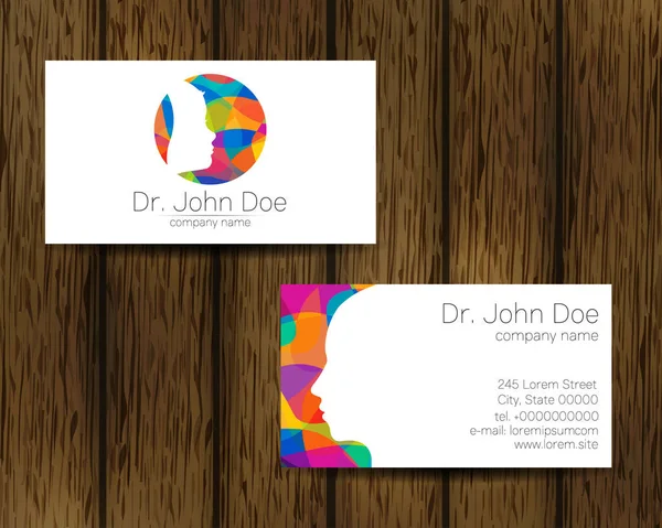 Vector Colorful Business Card Kid Head Modern 로고. 회사 브랜드를 위한 디자인 컨셉. ( 영어 ) Human Child Profile Silhouette in Rainbow color in Tree background — 스톡 벡터