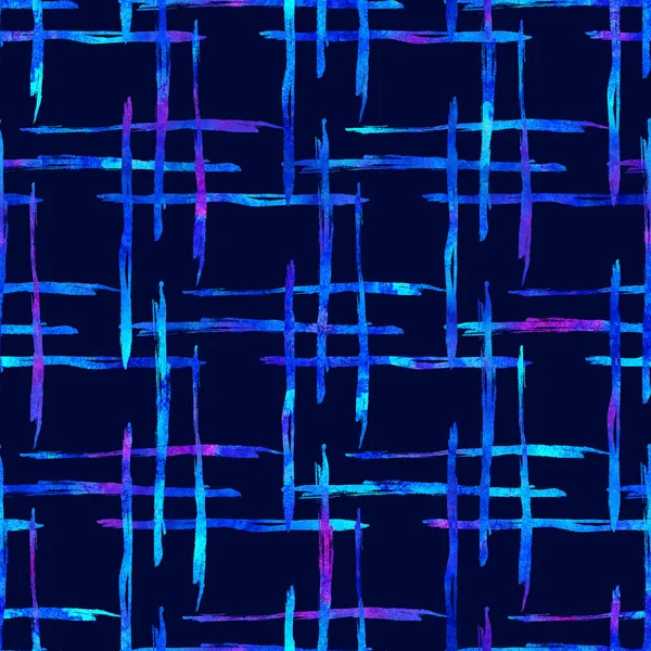Watercolor Brush Plaid Seamless Pattern Hand Painted Check Grange Geometric Design in Blue Color. Modern Strokes and Stripes
