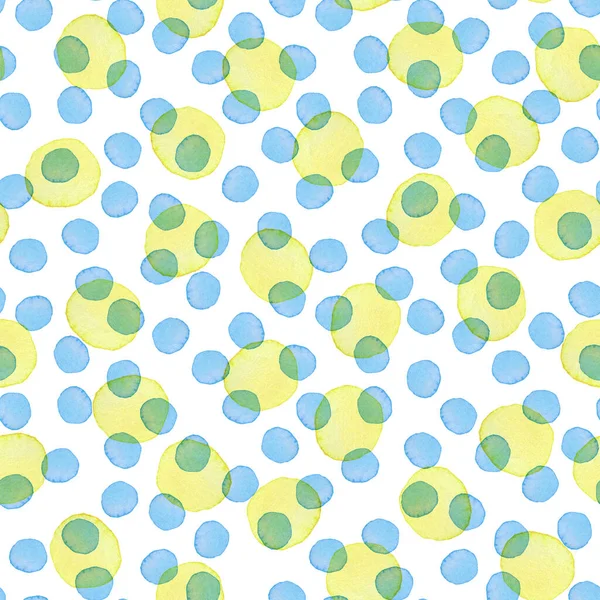 Handmålad borste Polka Dot Sömlös akvarell mönster. Abstrakt akvarell Runda Cirklar i Blå och Gul Färg. Konstnärlig design för tyg och bakgrund — Stockfoto