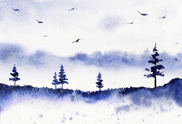Blue Forest Υδατογραφία Τοπίο Ζωγραφική Η αρχική τέχνη μπορεί να χρησιμοποιηθεί για την εκτύπωση φόντου και το σχεδιασμό ταπετσαρία. Άποψη της φύσης με δέντρα και ουρανό, πουλιά. — Φωτογραφία Αρχείου