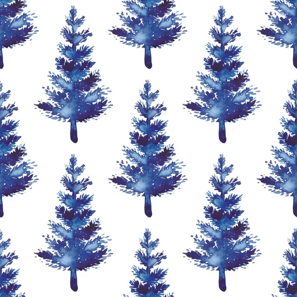 XMAS υδατογραφία Fir Tree Seamless Pattern σε μπλε χρώμα. Χέρι βαμμένο έλατο πεύκο φόντο ή ταπετσαρία για διακόσμηση, περιτύλιγμα ή χριστουγεννιάτικη διακόσμηση — Φωτογραφία Αρχείου