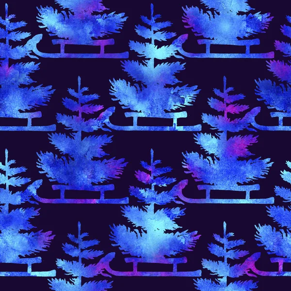XMAS aquarela Pine Tree e Sleigh padrão sem costura na cor azul. Fundo de abeto pintado à mão ou papel de parede para ornamento, Envolvimento ou presente de Natal — Fotografia de Stock
