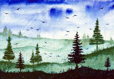 Forest Watercolor Manzarası Orijinal Sanat Arkaplan Yazısı ve Duvar Kağıdı Tasarımı için kullanılabilir. Ağaçlar ve Gökyüzü ile Doğa Manzarası, Kuşlar. Yeşil ve Mavi renklerde resim