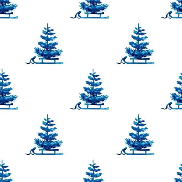 XMAS υδατογραφία Pine Tree and Sleigh Seamless Pattern σε μπλε χρώμα. Χέρι βαμμένο έλατο φόντο ή ταπετσαρία για στολίδι, περιτύλιγμα ή δώρο Χριστουγέννων — Φωτογραφία Αρχείου