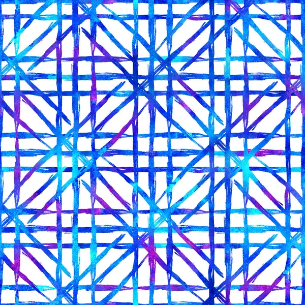 Spazzola ad acquerello Plaid senza cuciture Pattern dipinto a mano Check Grange Design geometrico in colore blu. Strokes e strisce moderne — Foto Stock