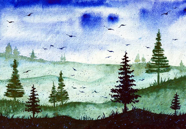Δάσος Υδατογραφία Τοπίο Ζωγραφική Η αρχική τέχνη μπορεί να χρησιμοποιηθεί για την εκτύπωση φόντου και το σχεδιασμό ταπετσαρία. Άποψη της φύσης με δέντρα και ουρανό, πουλιά. Εικόνα σε πράσινο και μπλε χρώμα — Φωτογραφία Αρχείου