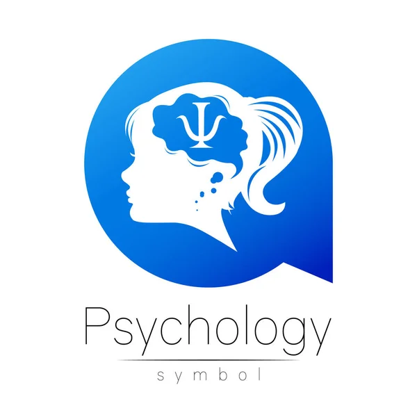 Logo modern Anak Girl kepala dan huruf Psi dalam otak di Circle. Tanda Logotype dari Psikologi. Profil Manusia. Warna biru diisolasi pada putih. Gaya kreatif. Simbol dalam vektor. Desain konsep. - Stok Vektor
