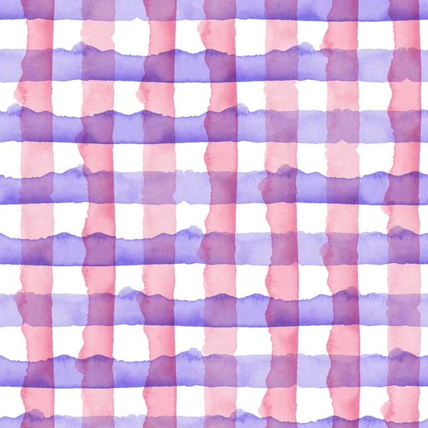 Acquerello Rosa Blu Check Geometrico Sfondo senza cuciture. Plaid in Acquerello. Disegno semplice dipinto a mano con strisce. — Foto Stock