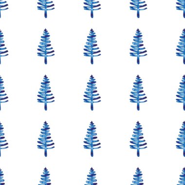 XMAS suluboya firavun ağacı mavi renkte kusursuz desen. El boyalı çam ağacı arka planı veya süs, ambalaj veya Noel süslemesi için duvar kağıdı
