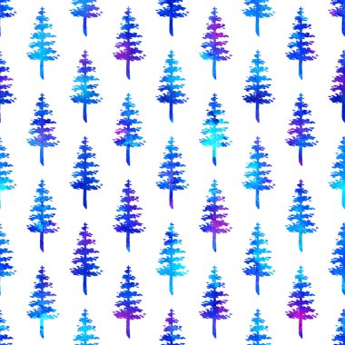 Beyaz arka planda, XMAS suluboya firavun ağacı pürüzsüz deseni. Süs, Ambalaj veya Noel Dekorasyonu için El Boyalı Çam Ağacı Duvar Kağıdı