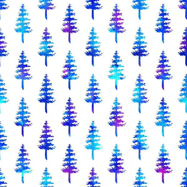 XMAS watercolour Fir Tree Seamless Pattern in Blue Color on white background. Hand-Painted Watercolor Spruce Pine tree wallpaper for Ornament, Wrapping or Christmas Decoration — Stock Photo, Image