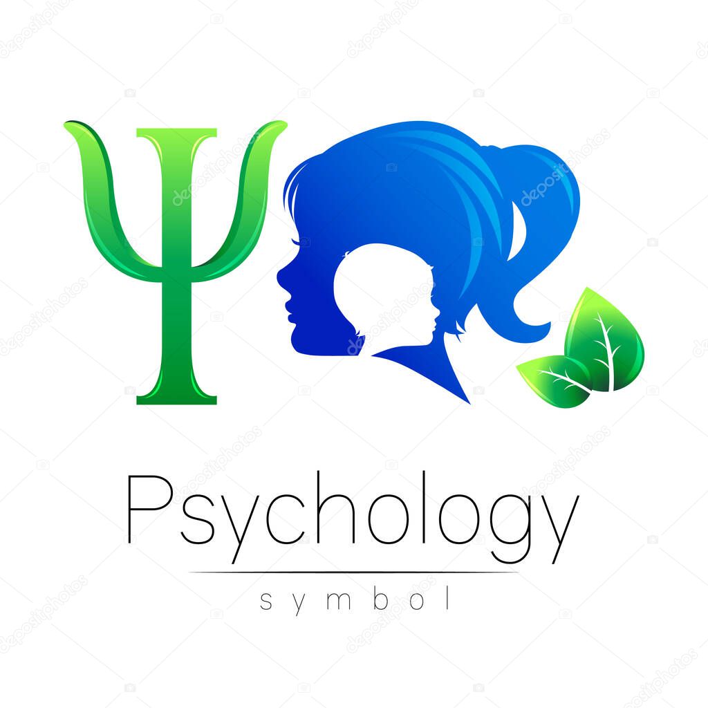 Vector Modern logo Kid Girl head and letter Psi. Logotype sign of Psychology with leaves. Profile Human. Blue color isolated on white. Creative style symbol
