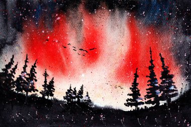 Northern Lights Red Watercolor Painting Aurora Borealis Original Art. Forest Landscape and Sky can be used for Wallpaper and Background Print clipart