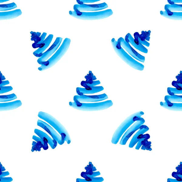 XMAS Aquarell Pine Tree Seamless Pattern in blauer Farbe. Handbemalter Tannenbaum Hintergrund oder Tapete für Ornament, Verpackung oder Weihnachtsgeschenk — Stockfoto