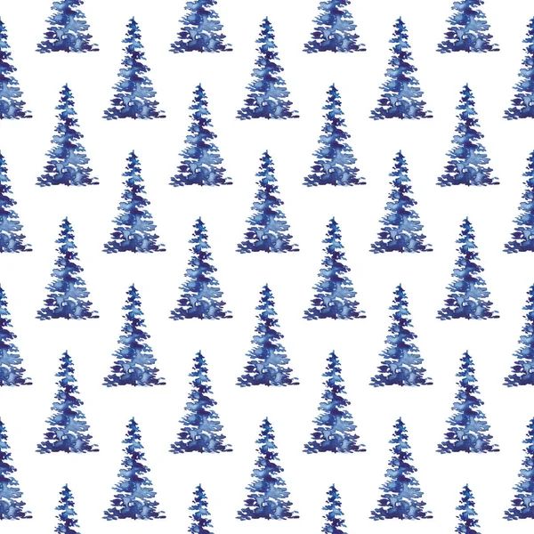 XMAS acuarela árbol de abeto patrón sin costura en color azul. Pino pino pintado a mano fondo o fondo de pantalla para ornamento, envoltura o decoración de Navidad —  Fotos de Stock