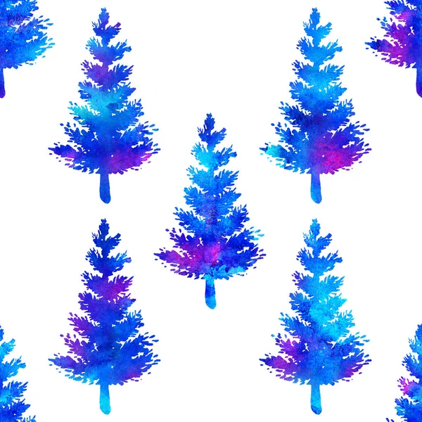 XMAS akvarell Fir Tree sömlös mönster i blå färg på vit bakgrund. Handmålade akvarell gran tall tapeter för prydnad, omslag eller juldekoration — Stockfoto