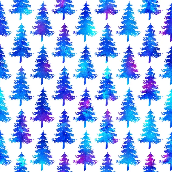 XMAS-Aquarell Tanne Nahtloses Muster in blauer Farbe auf weißem Hintergrund. Handbemalte Aquarell-Fichtenbaumtapete für Ornament, Verpackung oder Weihnachtsdekoration — Stockfoto