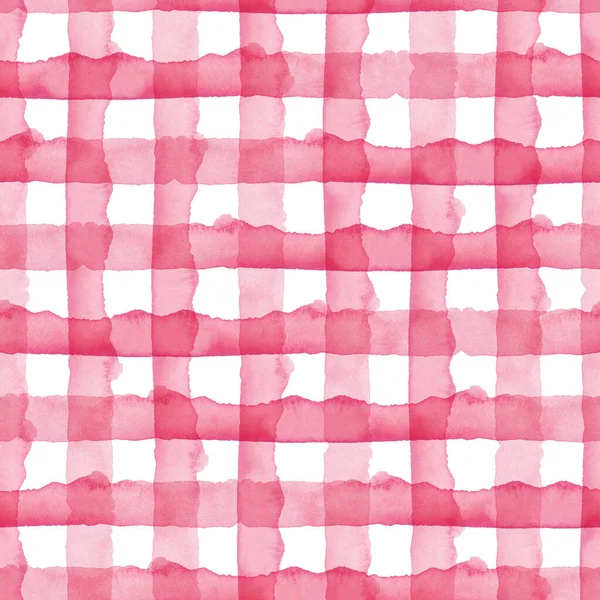 Acquerello Controlla lo sfondo geometrico senza cuciture. Plaid in colore rosa Girly. Disegno semplice dipinto a mano con strisce. — Foto Stock