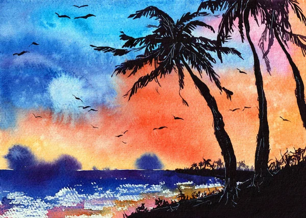 Palm Bomen Aquarel Illustratie Originele Kunst Tropisch Strand Artistieke Schilderen op het papier. Zonsondergang in Oranje Zwart en Blauw Kleuren. Kan gebruikt worden voor Wallpaper Print en Achtergrond — Stockfoto