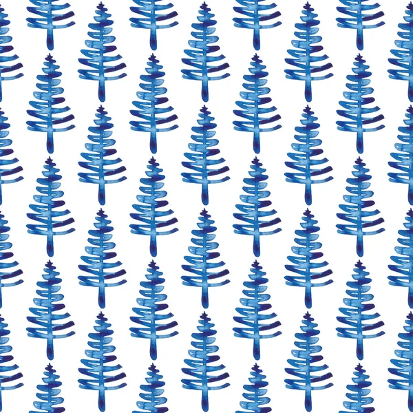 XMAS akwarela Fir Tree Płynny wzór w kolorze niebieskim. Ręcznie malowany świerk Sosna tle drzewa lub tapety do ozdoby, owijania lub dekoracji świątecznej — Zdjęcie stockowe