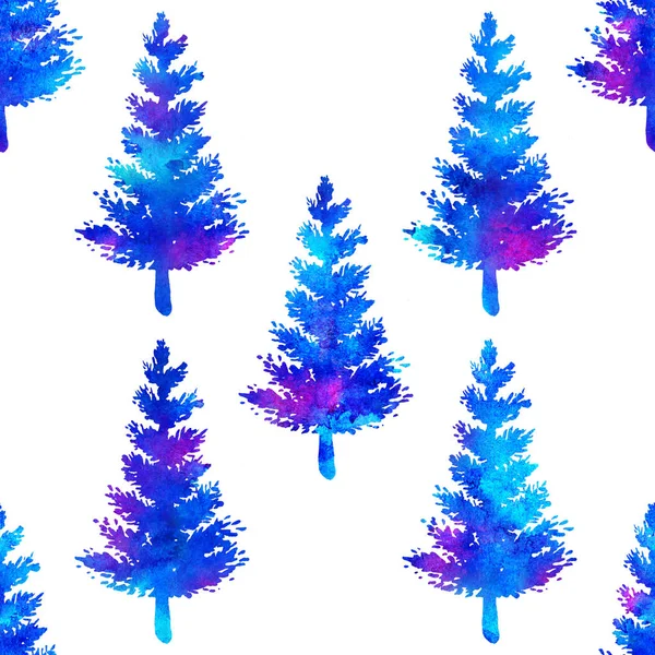 XMAS akvarell Fir Tree zökkenőmentes minta kék színben, fehér háttérrel. Kézzel festett akvarell fenyő tapéta díszítés, csomagolás vagy karácsonyi dekoráció — Stock Fotó