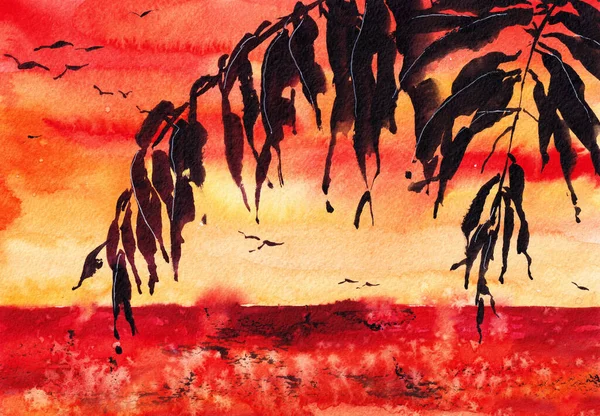 Palmiers Aquarelle Illustration Art original Feuilles de palmier Peinture artistique au papier. Sunset Beach dans les couleurs rouge et jaune. Peut être utilisé pour l'impression de papier peint et de fond — Photo